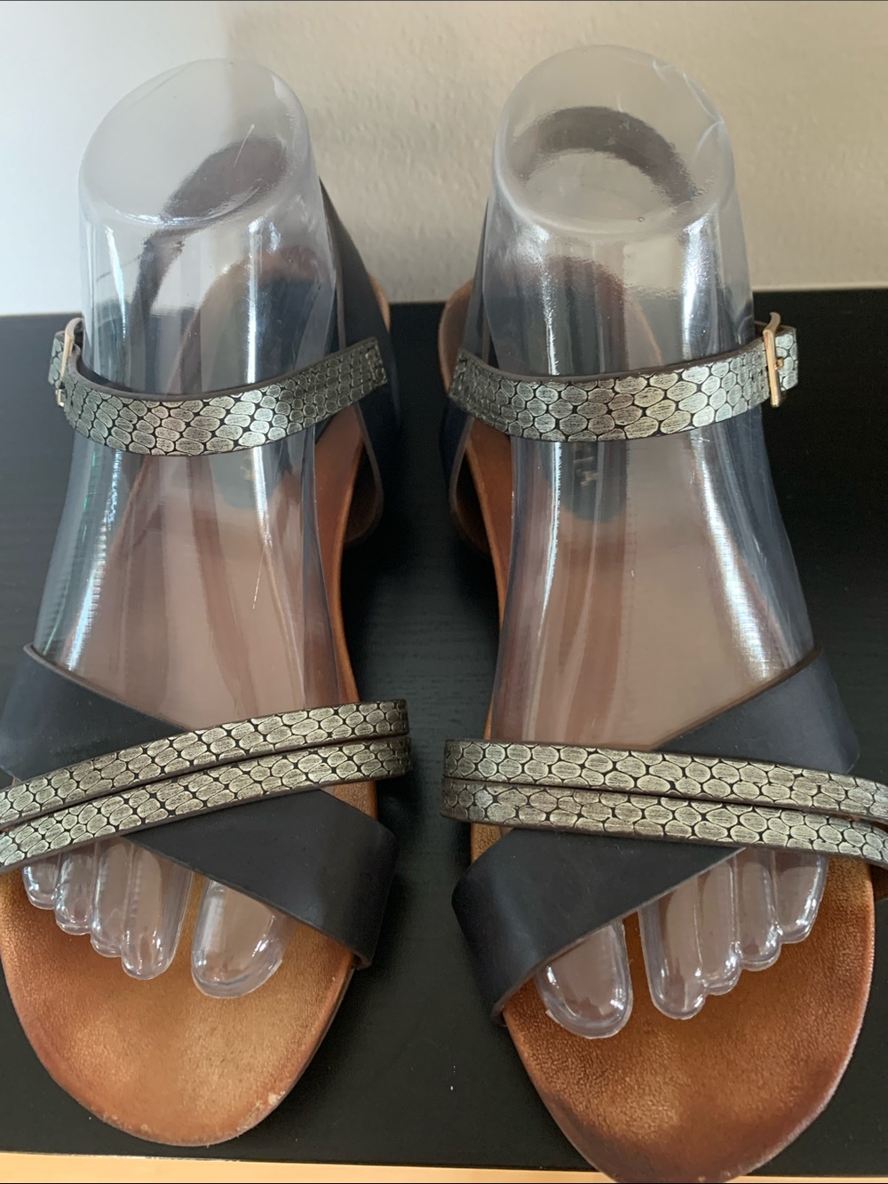 Women’s Black Sandals with Metallic Snake-Texture Straps